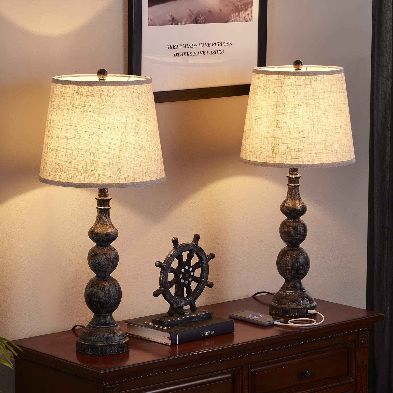 USB Farmhouse Lamp, Traditional Table Lamp Set of 2 with Dual USB Ports (6961470668983)